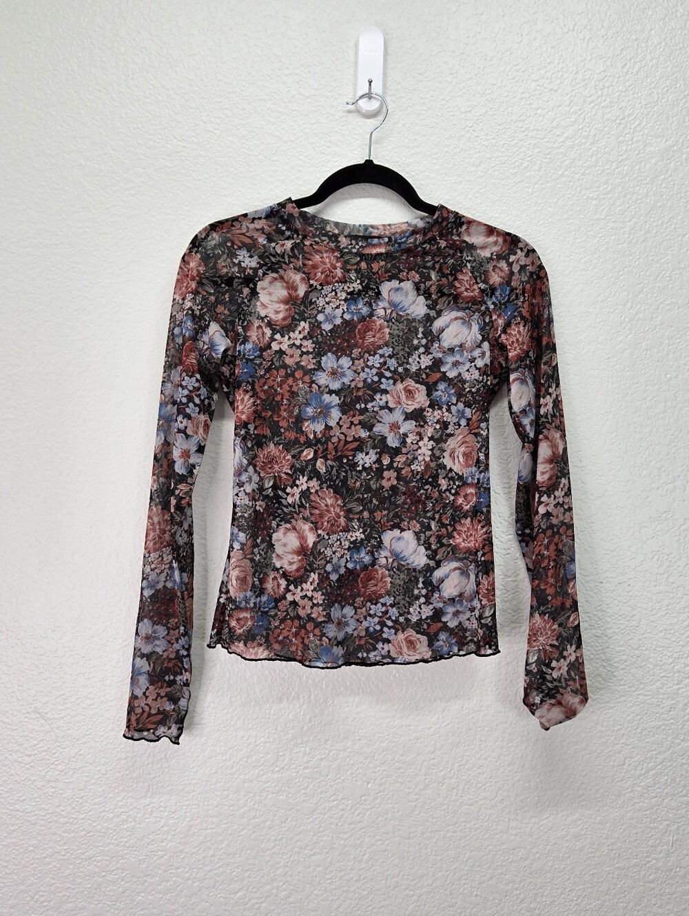 Dealmore Floral Mesh Mock Neck Long Sleeve Top with Lettuce Edge Trim Small